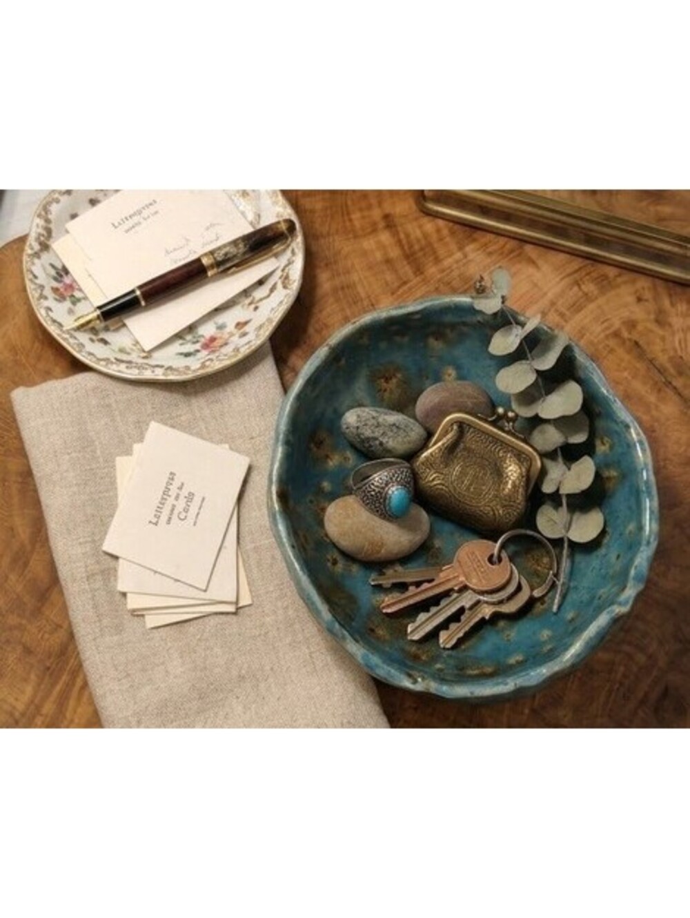 Handcrafted Ceramic Pottery Bowl Turquoise Glaze Brown Crystal Shaped Flakes